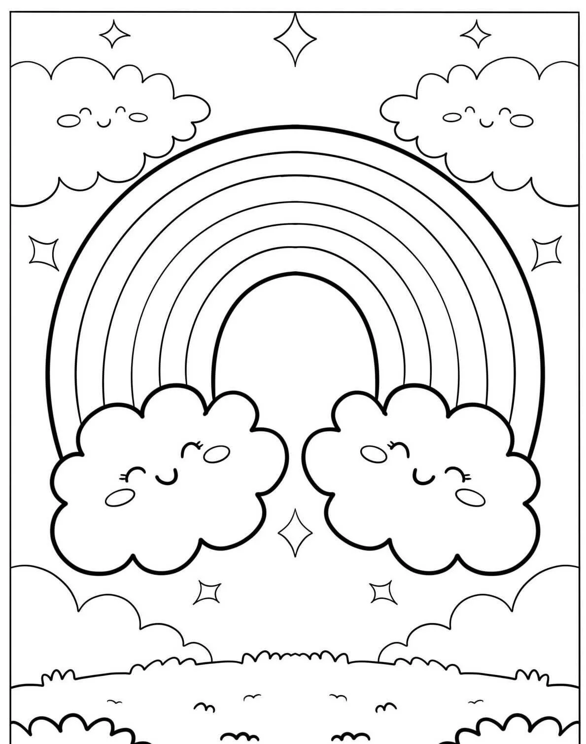 Kolorowanka tęcza z uśmiechniętymi chmurami