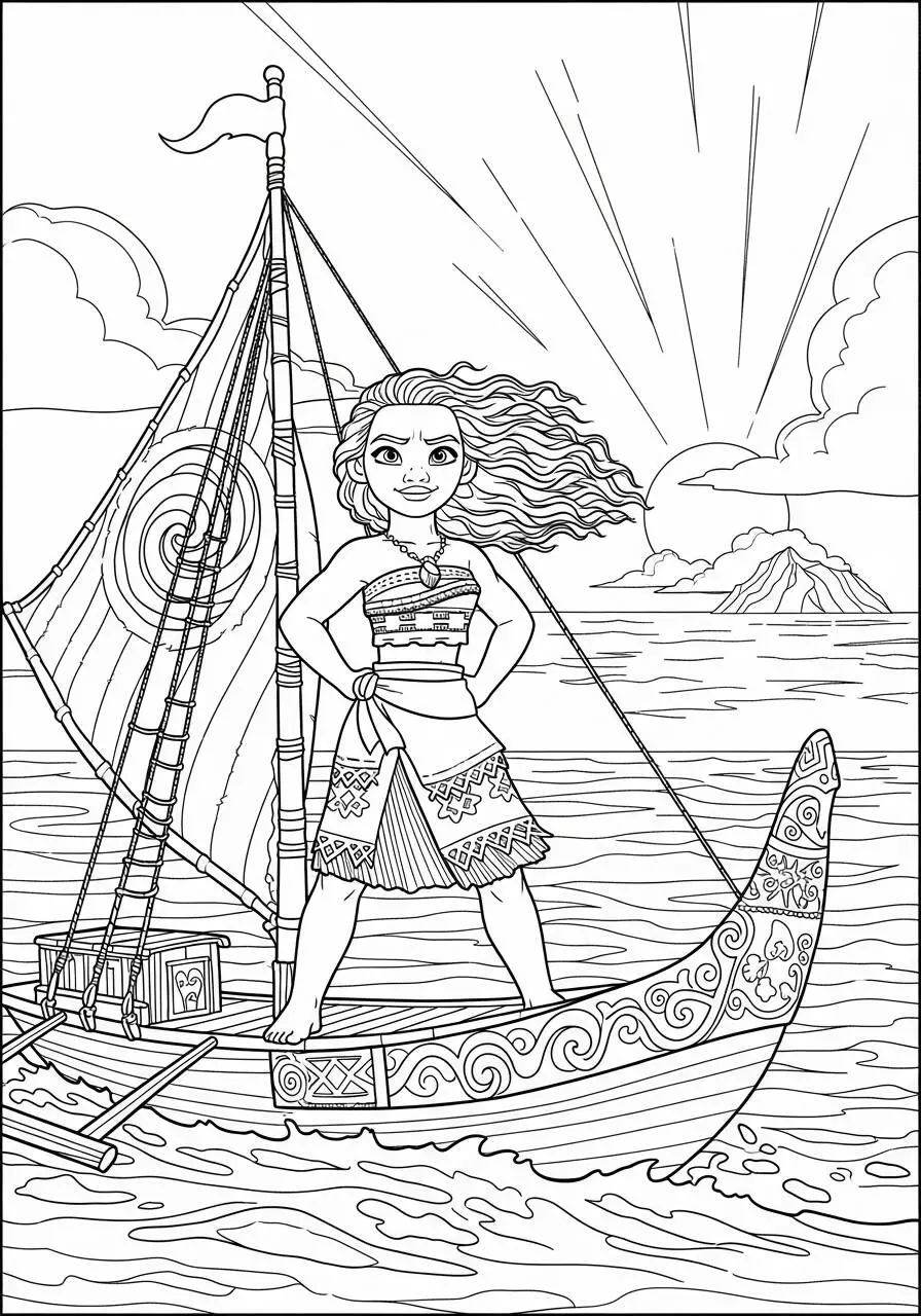 Dibujo para colorear de Moana de disney navegando en su barco