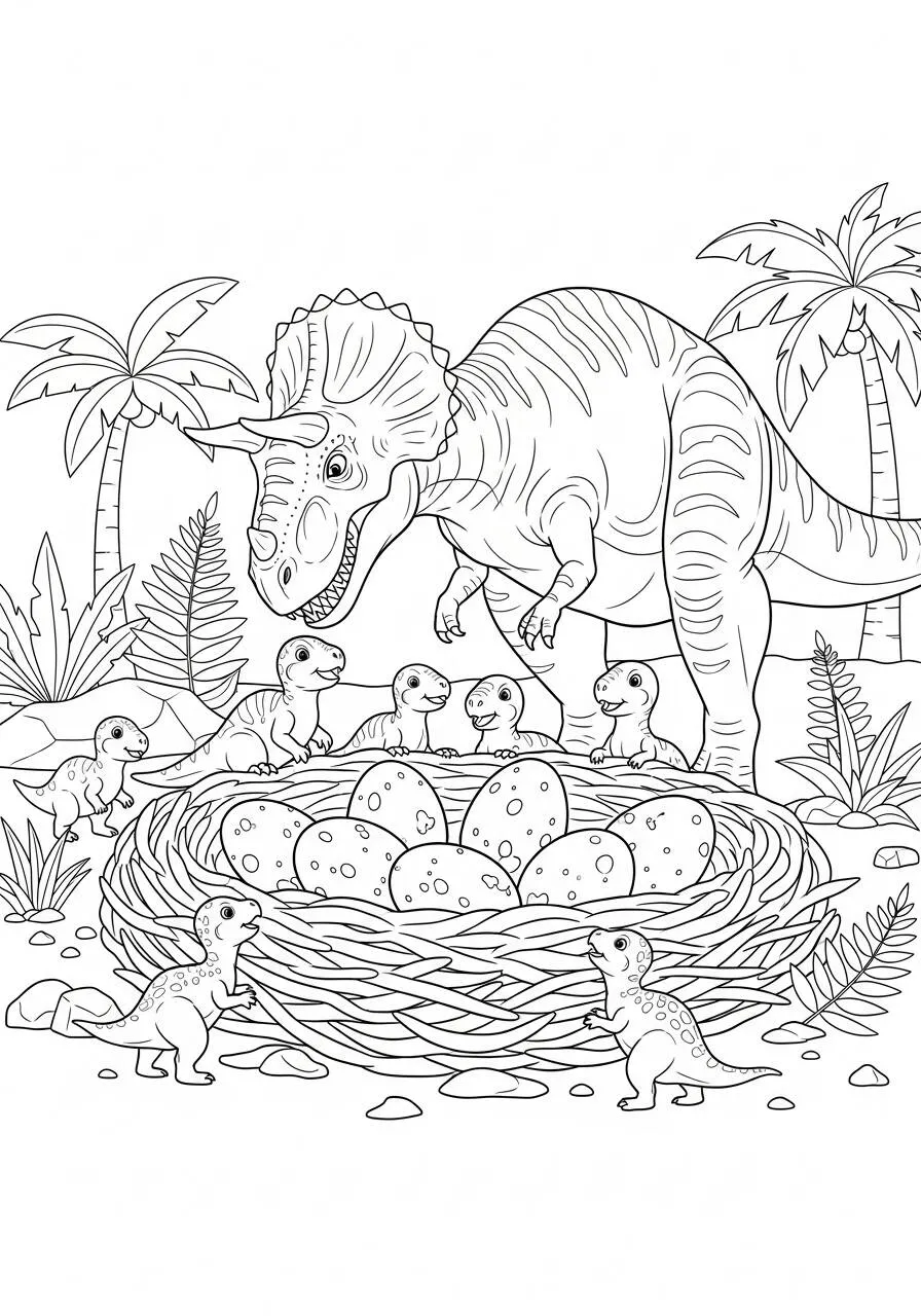 Triceratops Dinosaur Taking Care of Eggs Coloring Page