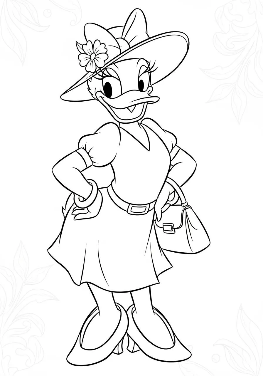 Dibujo para colorear de la Pata Daisy de disney con sombrero