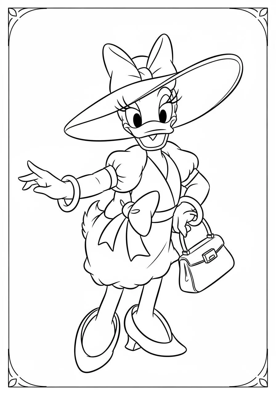 Dibujo para colorear de la Pata Daisy de disney con sombrero