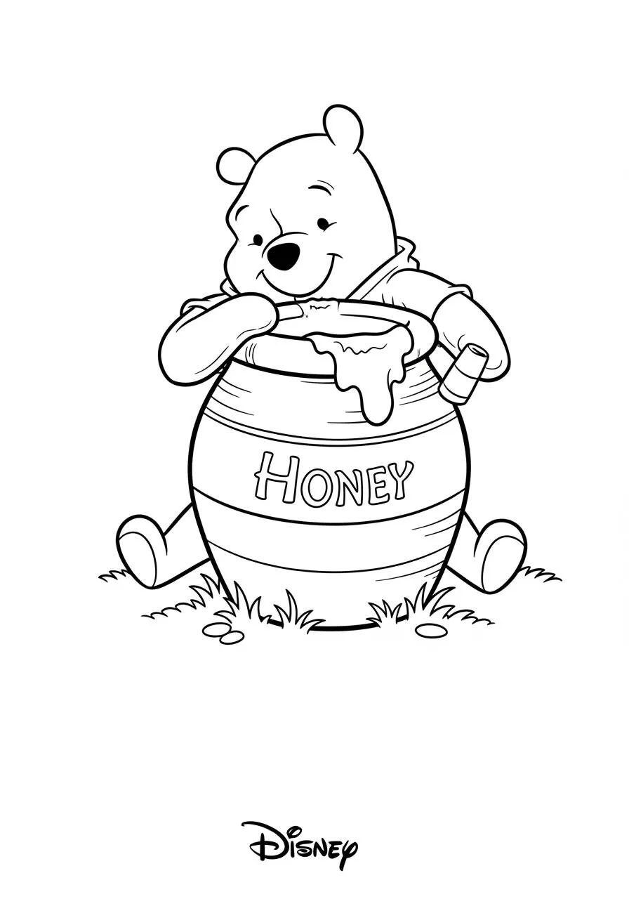 Dibujo para colorear de Winnie the Pooh de disney con tarro de miel