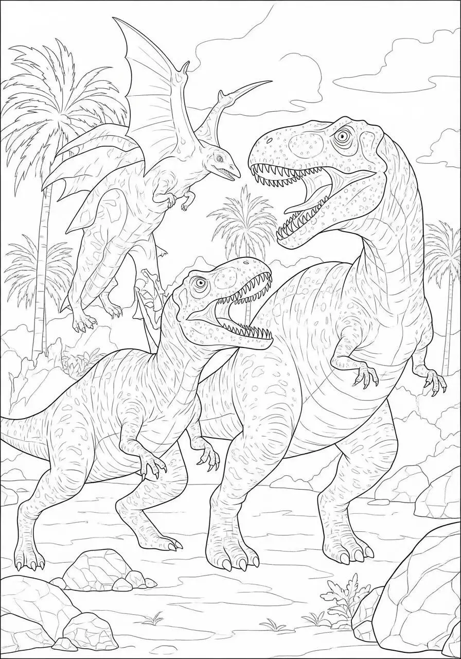 Pagina da colorare del dinosauro T Rex e pterodattilo