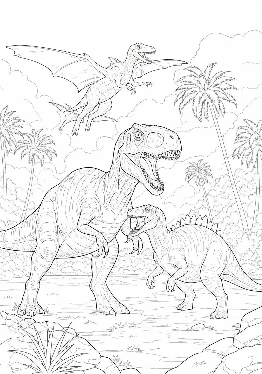 Pagina da colorare dei dinosauri T Rex e Velociraptor