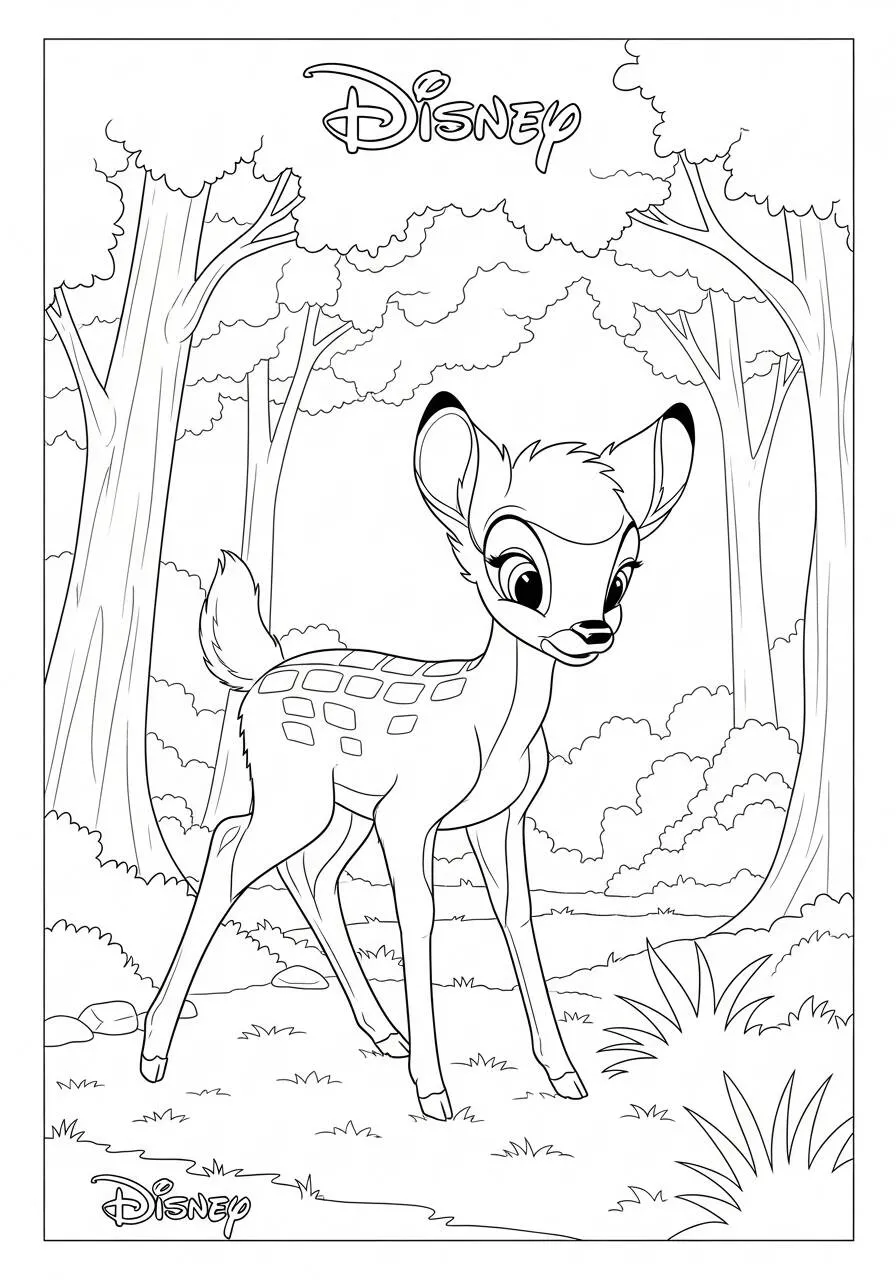 Dibujo para colorear de Bambi en el bosque de Disney
