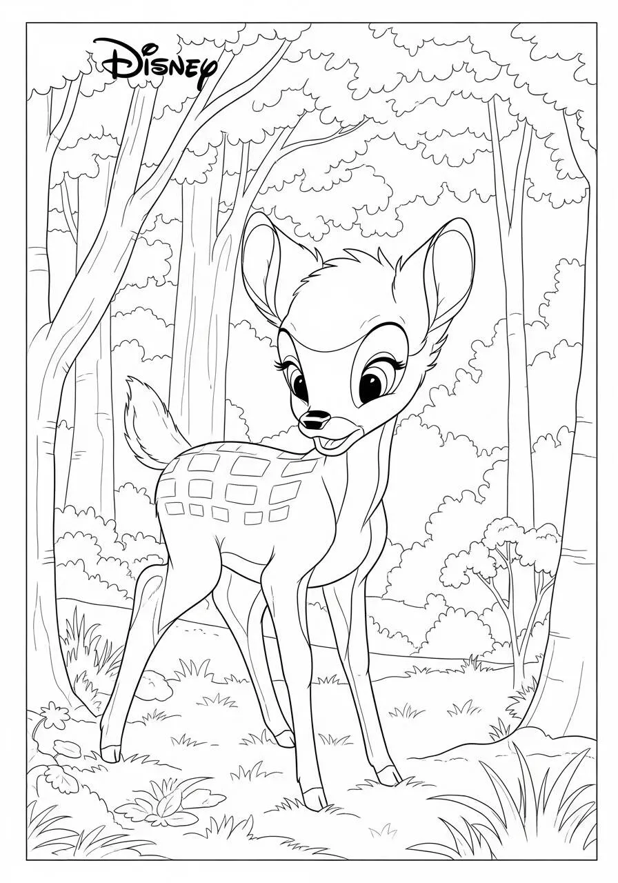Dibujo para colorear de Bambi en el bosque de Disney