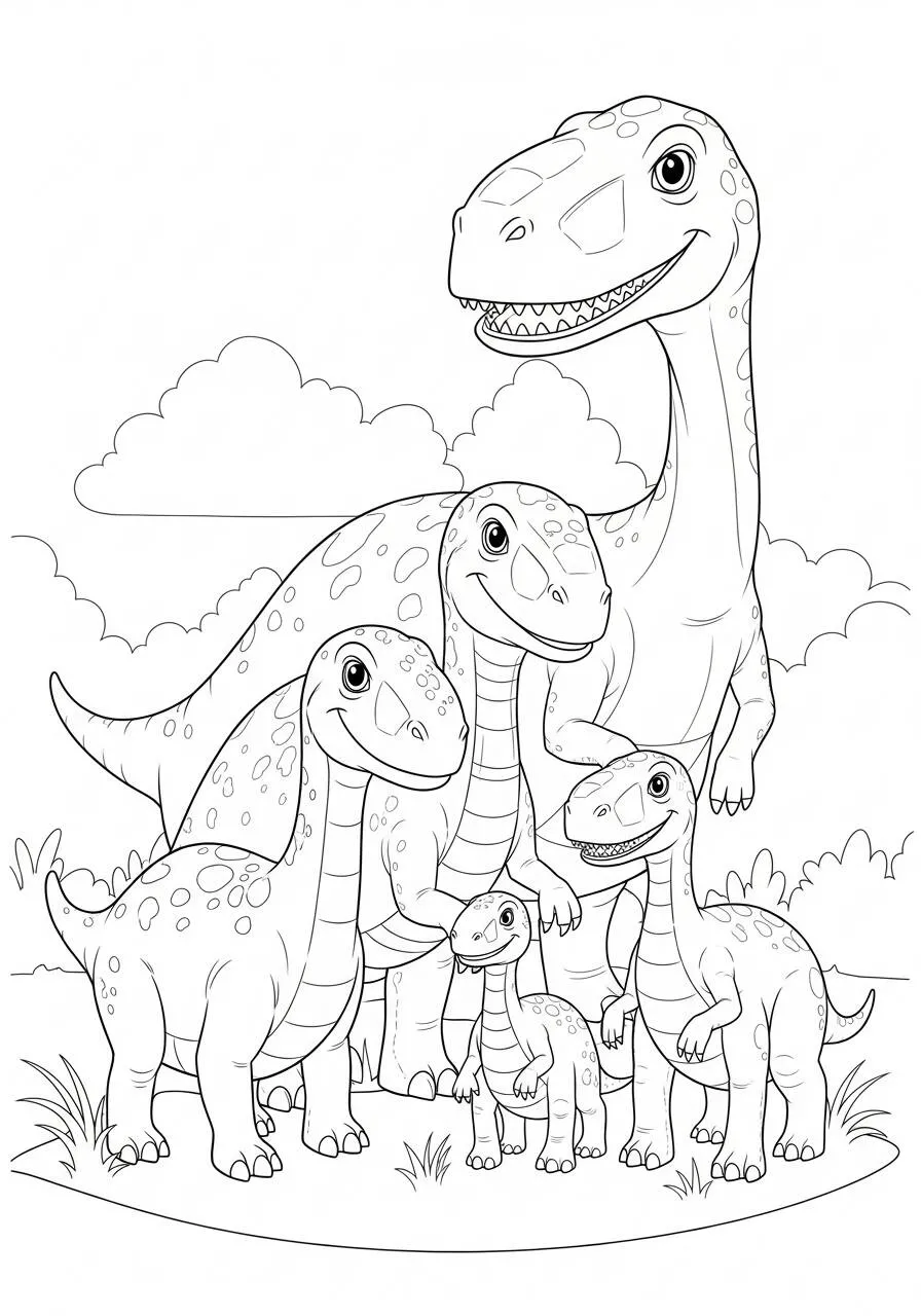 Pagina da colorare di dinosauri di gruppo diversificato