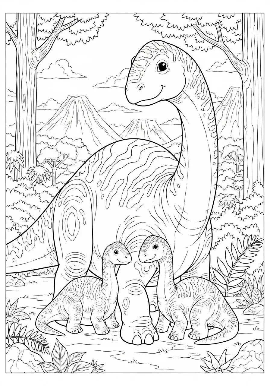 Dinosauro Brachiosaurus con pulcini da colorare