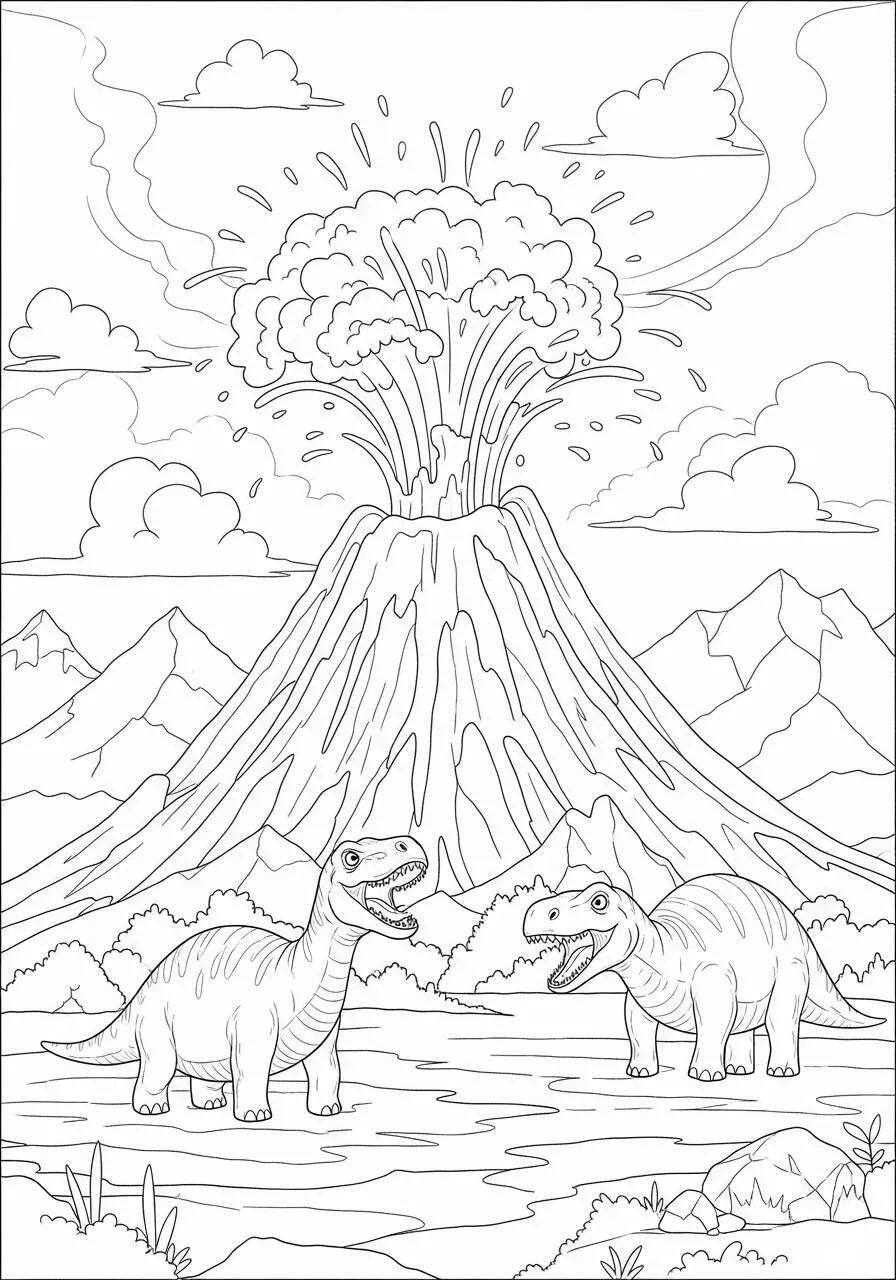 Dibujo de dinosaurio prehistórico con volcán para colorear