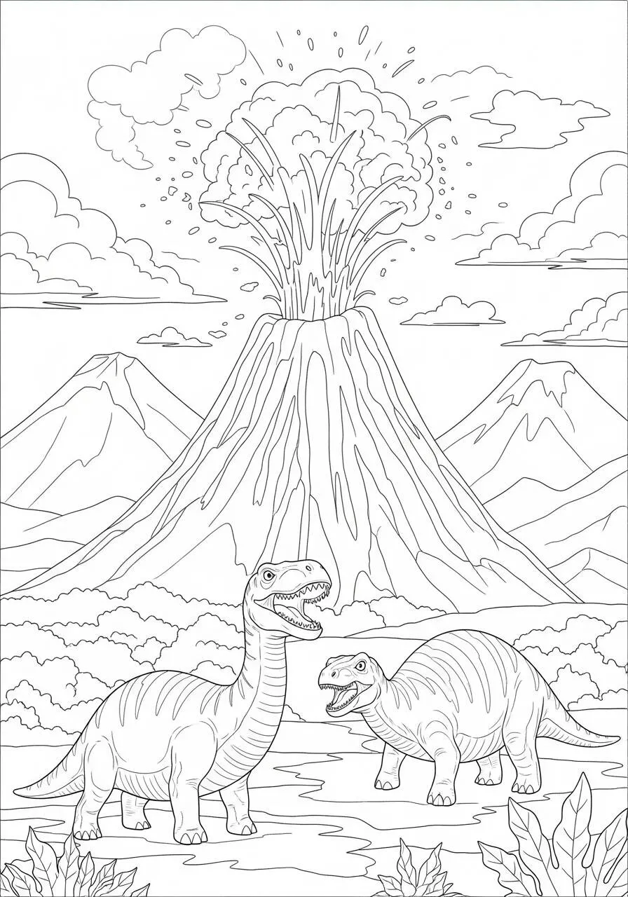 Página para colorear de dinosaurio con volcán
