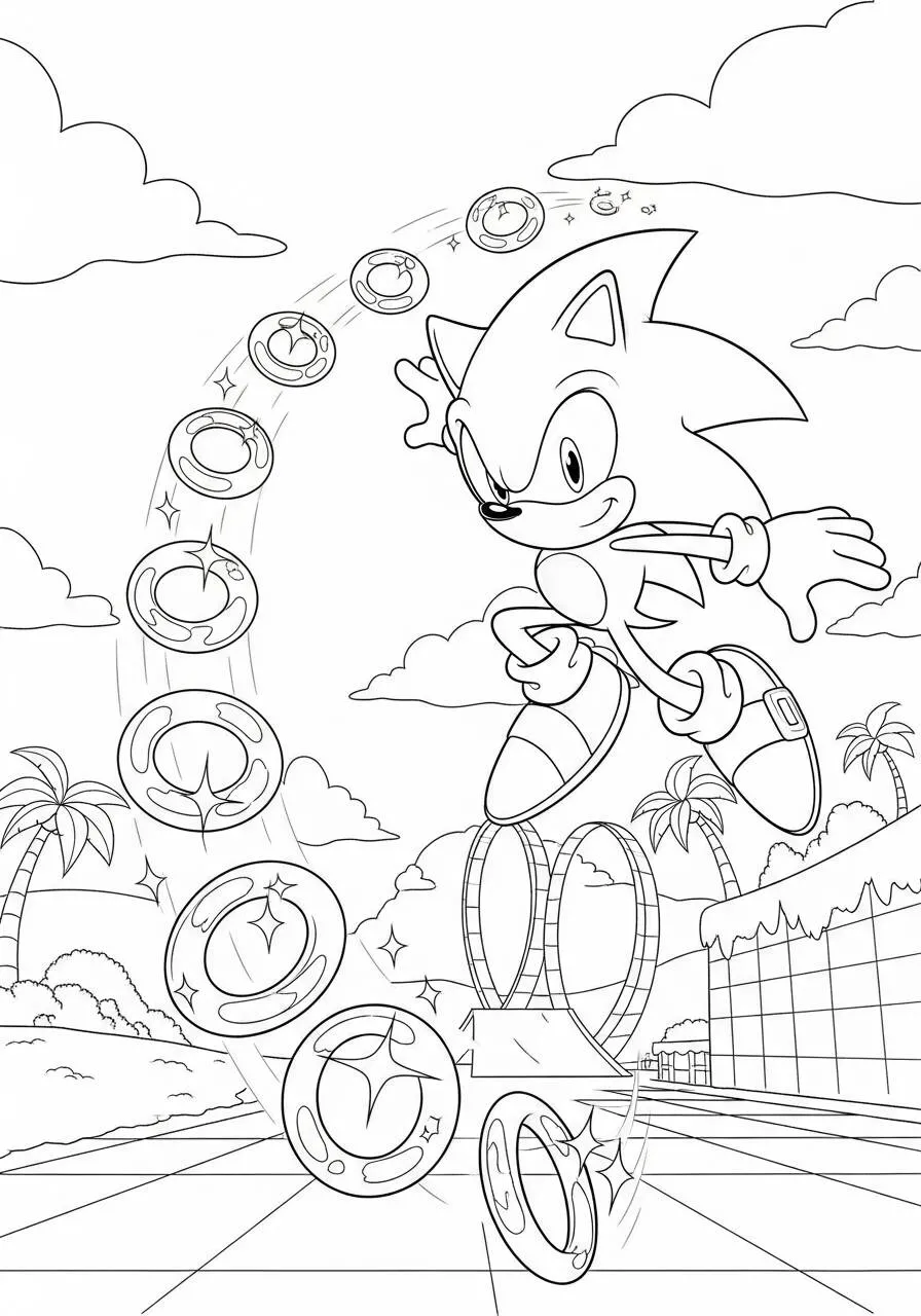 Dibujo de Sónico saltando con anillos para colorear