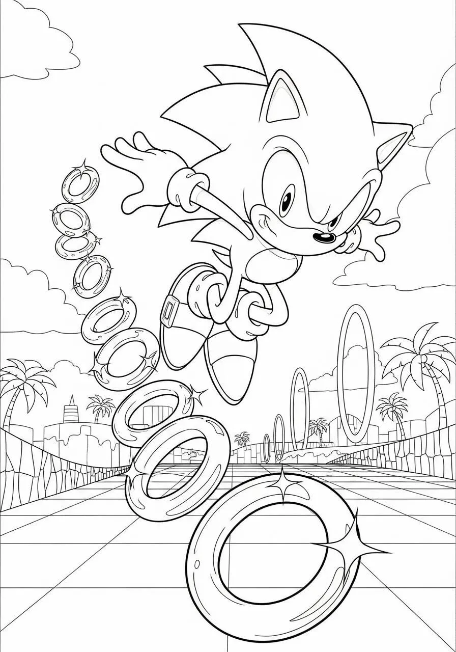 Dibujo de Sónico saltando con anillos para colorear