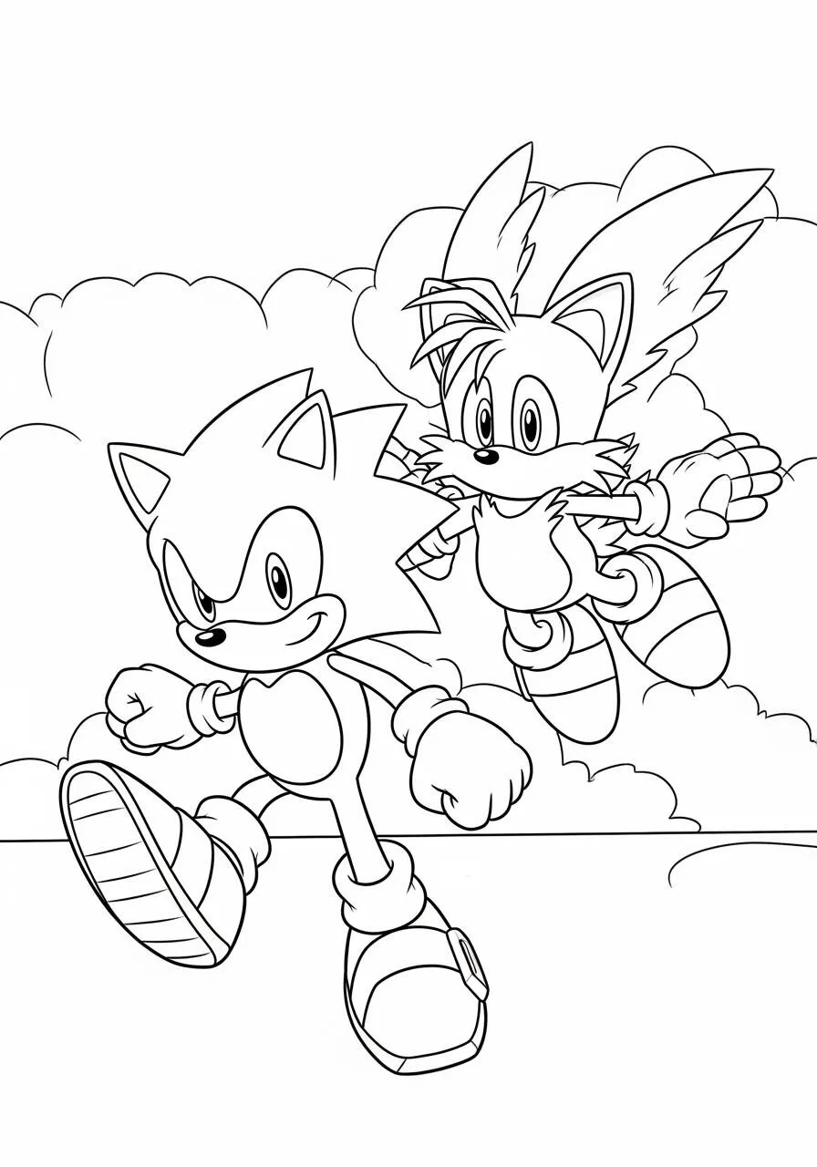 Dibujo para colorear de Sónico y Tails corriendo juntos