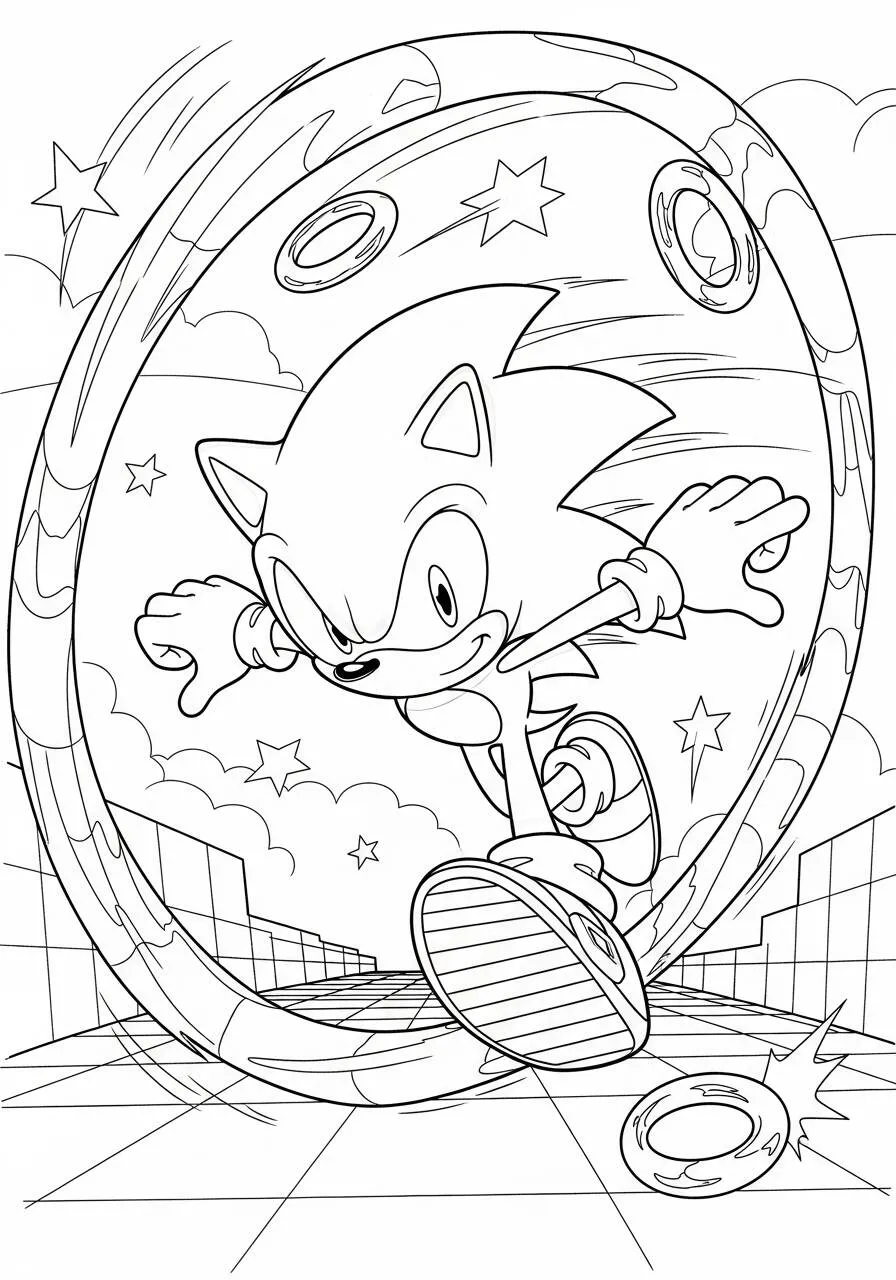 Sónico corriendo por los anillos de Dibujo para colorear.