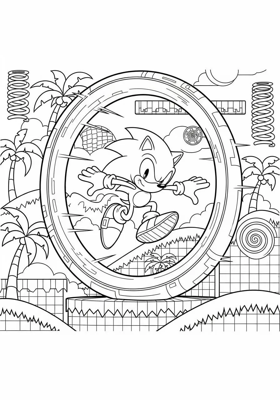 Sonic Jumping Throrgh a Portal Coloring Page