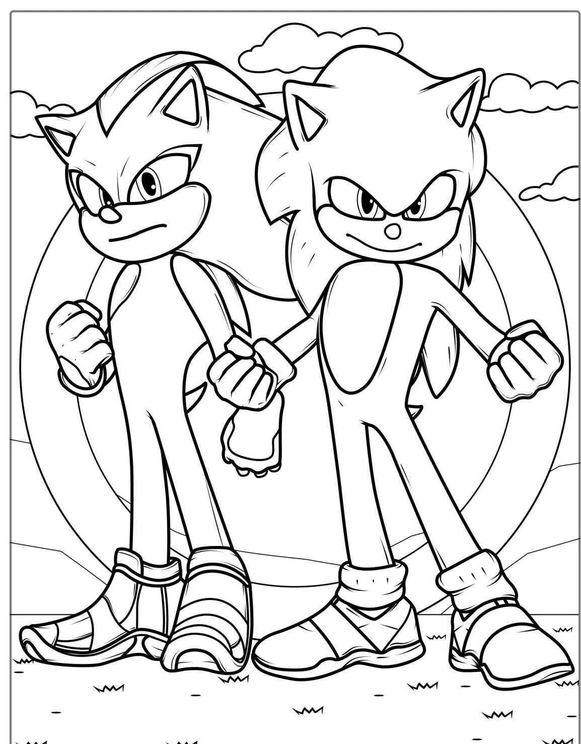 Dibujo para colorear de Sónico y Shadow en acción
