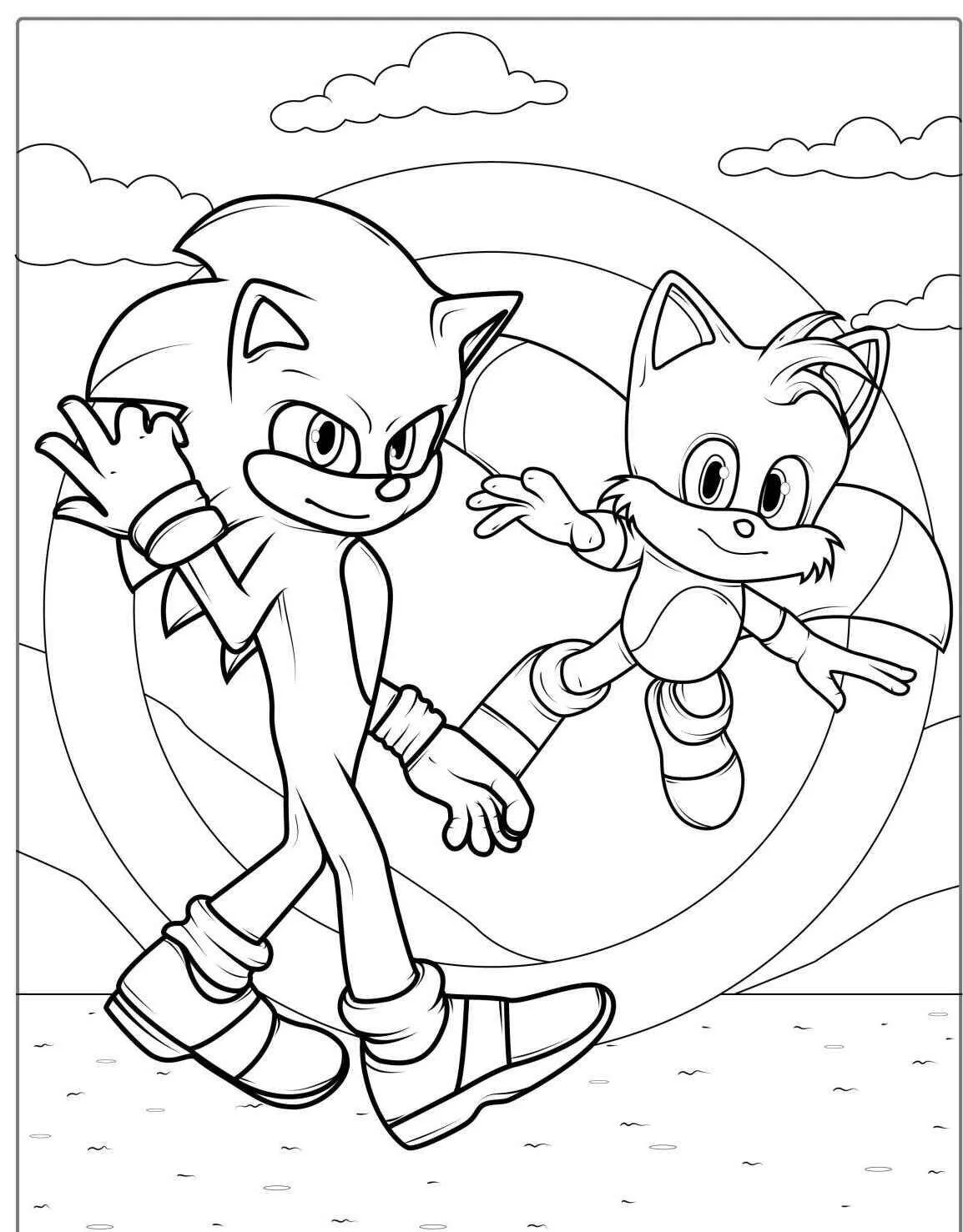 Dibujo para colorear de Sónico y Tails jugando