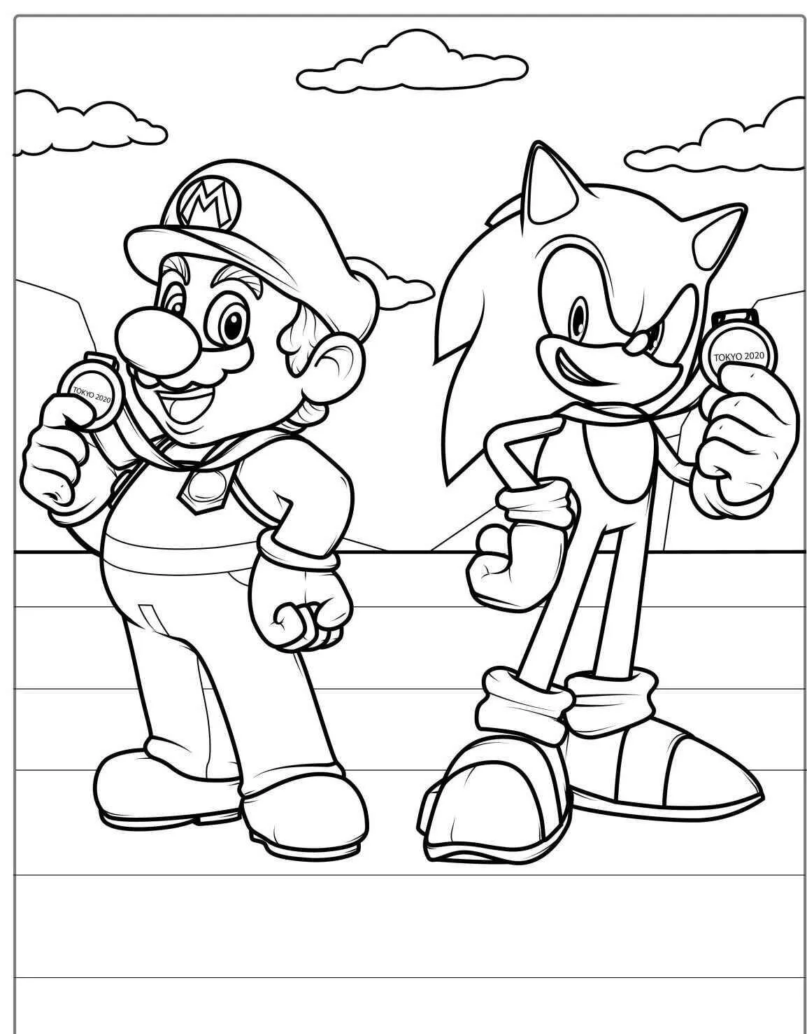 Coloriage Sonique et Mario avec des horloges