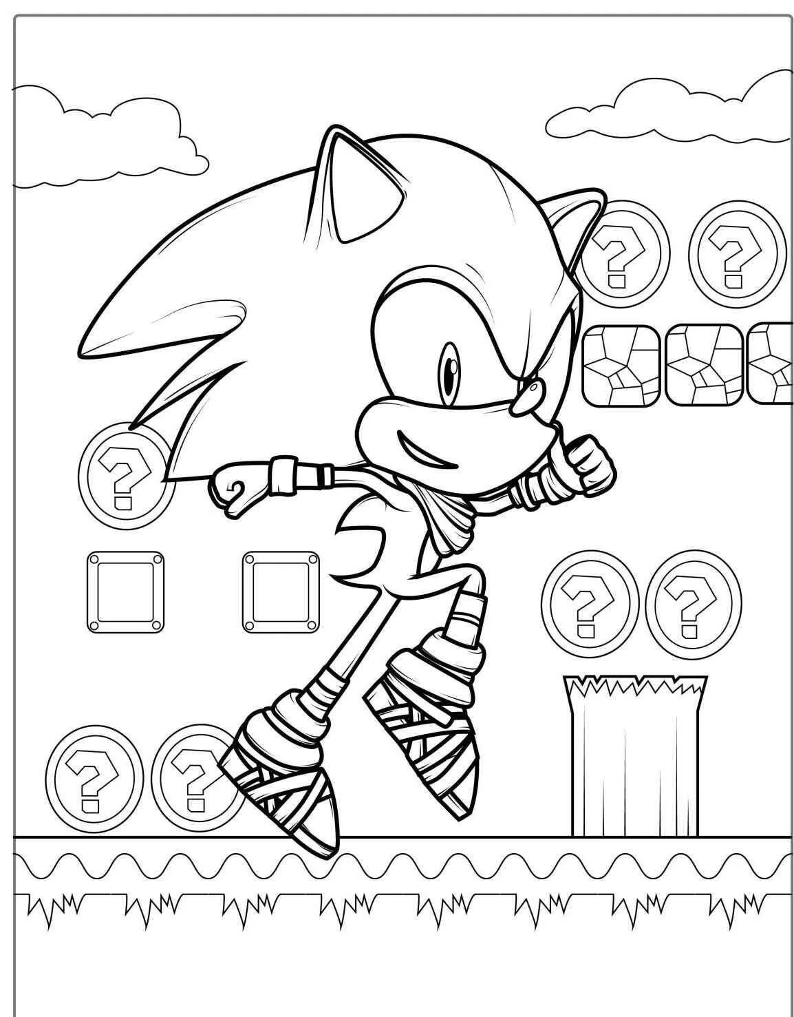 Coloriage Sonique Running avec des boîtes à questions