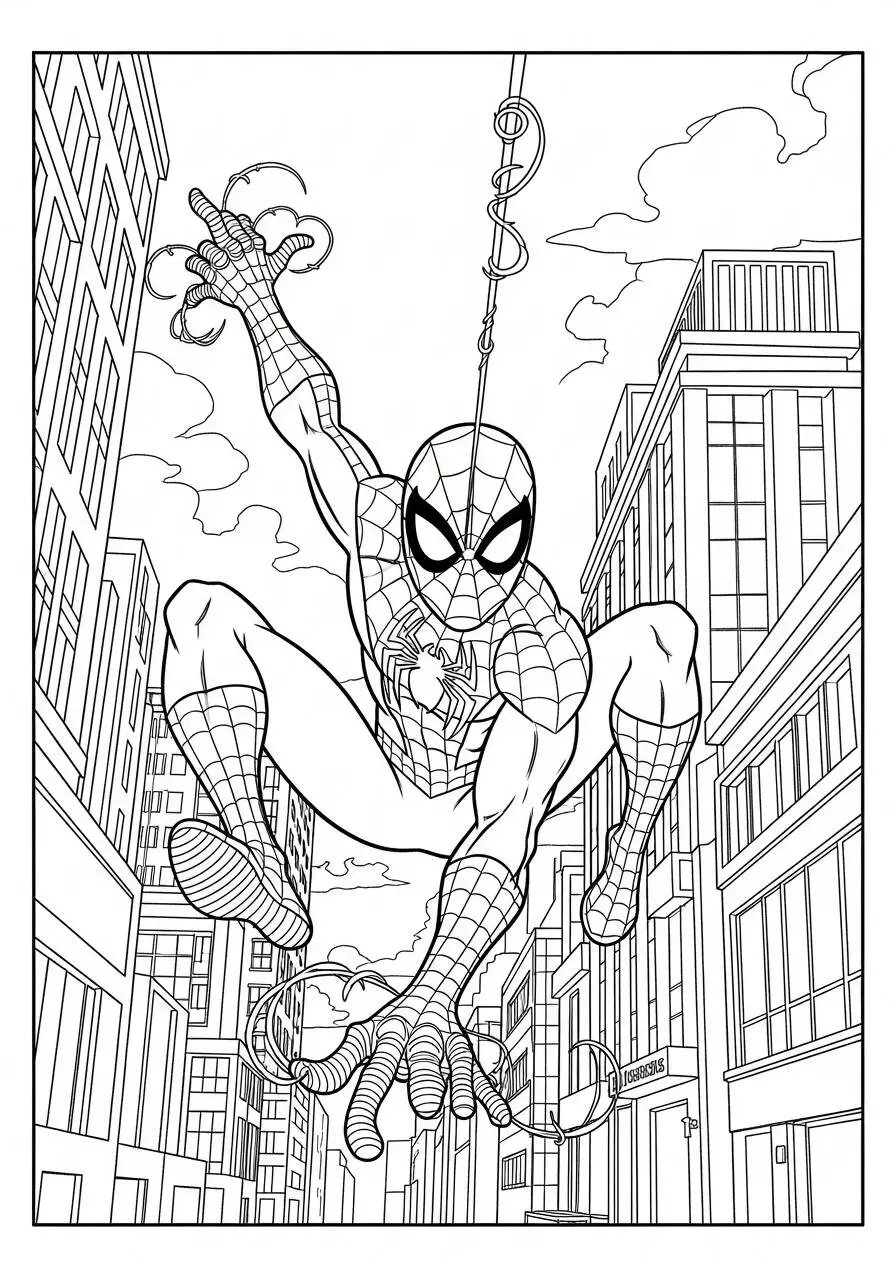 Desenho de Homem Aranha Saltando entre os Prédios para Colorir