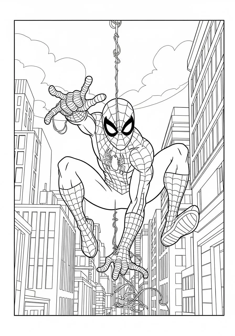 Desenho de Homem Aranha Saltando entre os Prédios para Colorir