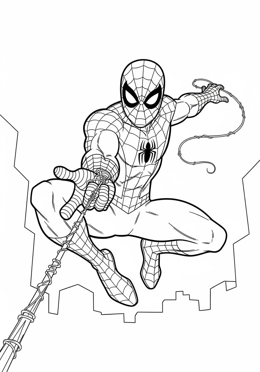 Desenho de Homem Aranha Saltando entre os Prédios para Colorir