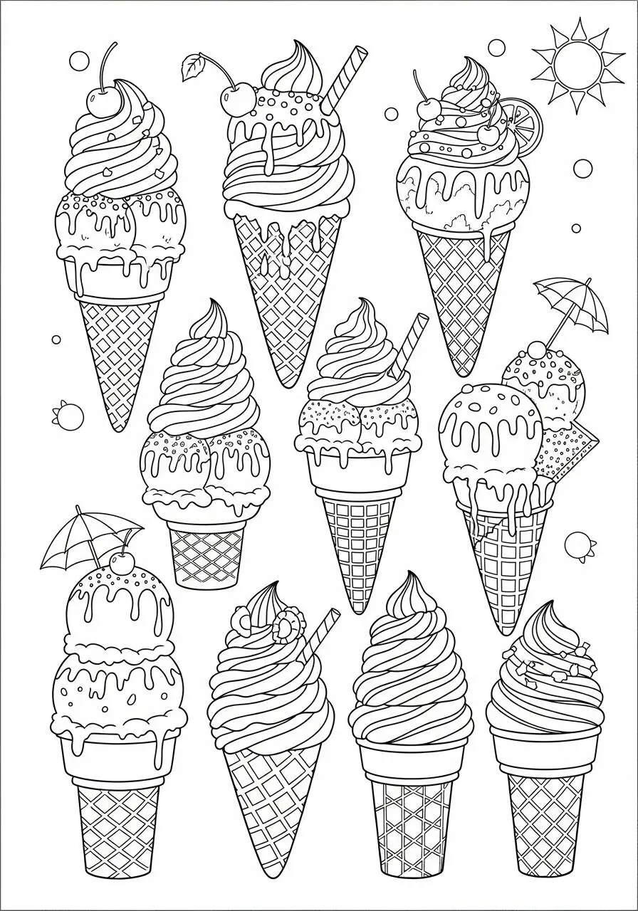 Dessin d'été avec de la glace et des sucettes glacées à colorier