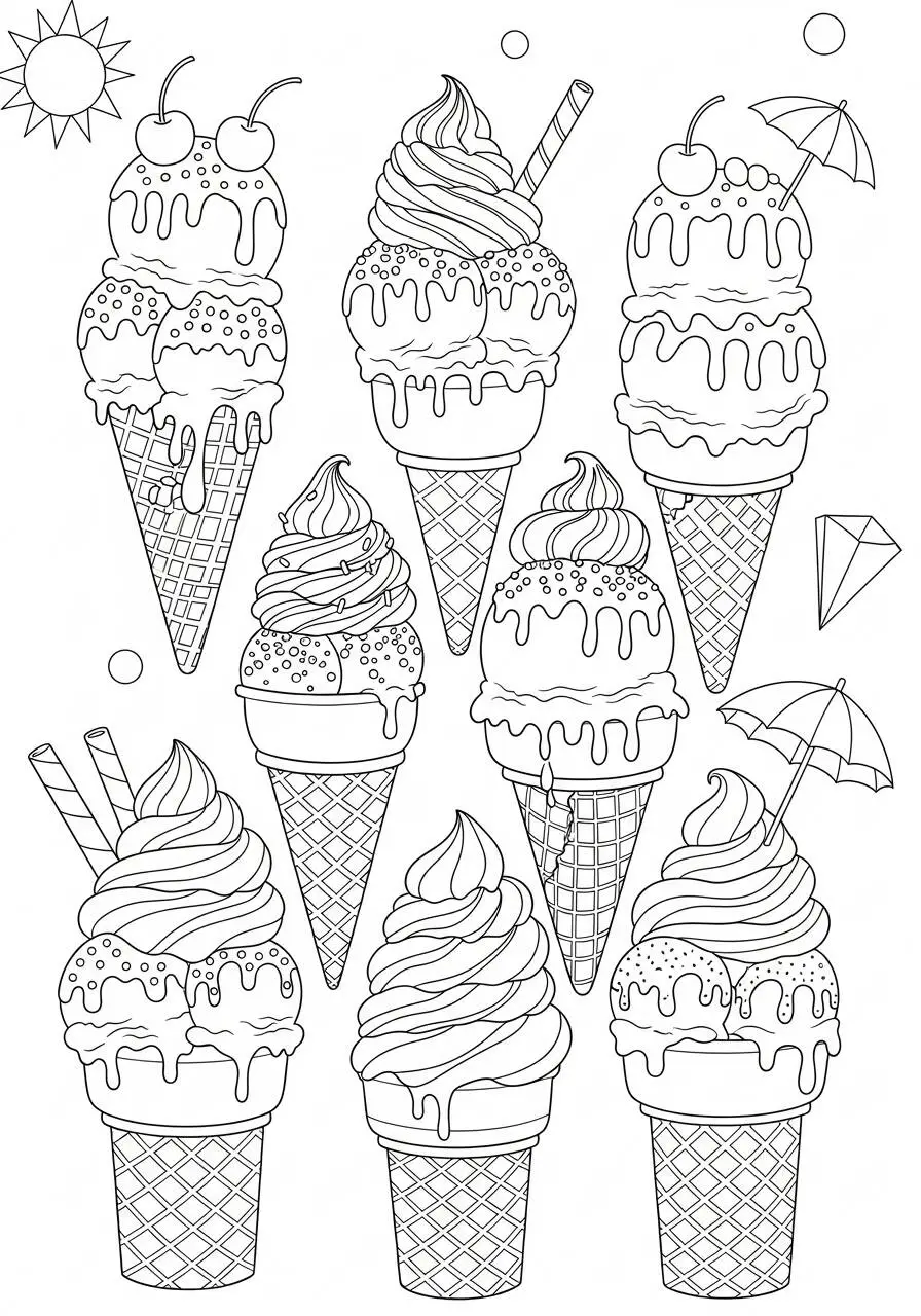 Dessin d'été avec des glaces et des sucettes glacées à colorier