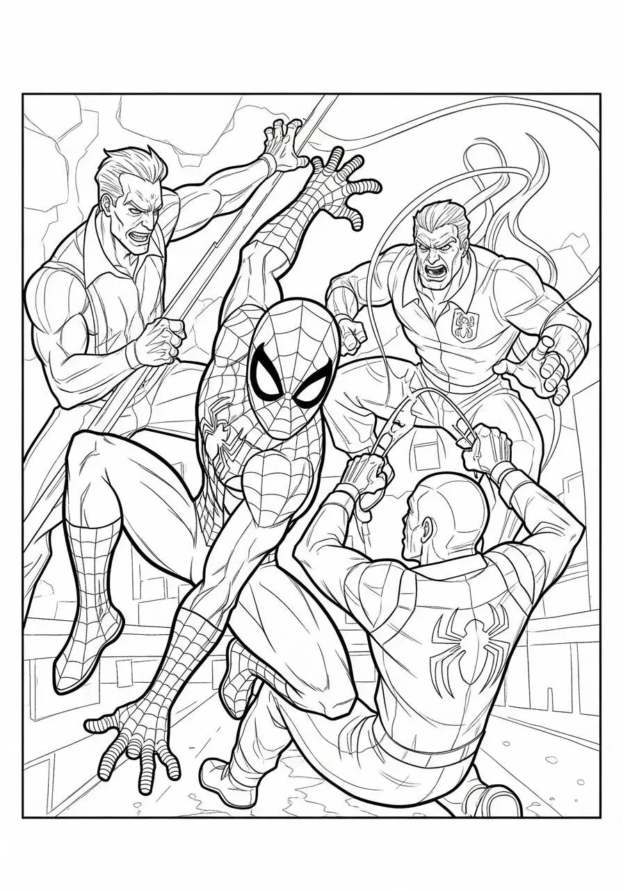 Desenho de Homem Aranha Lutando contra Vilões para Colorir