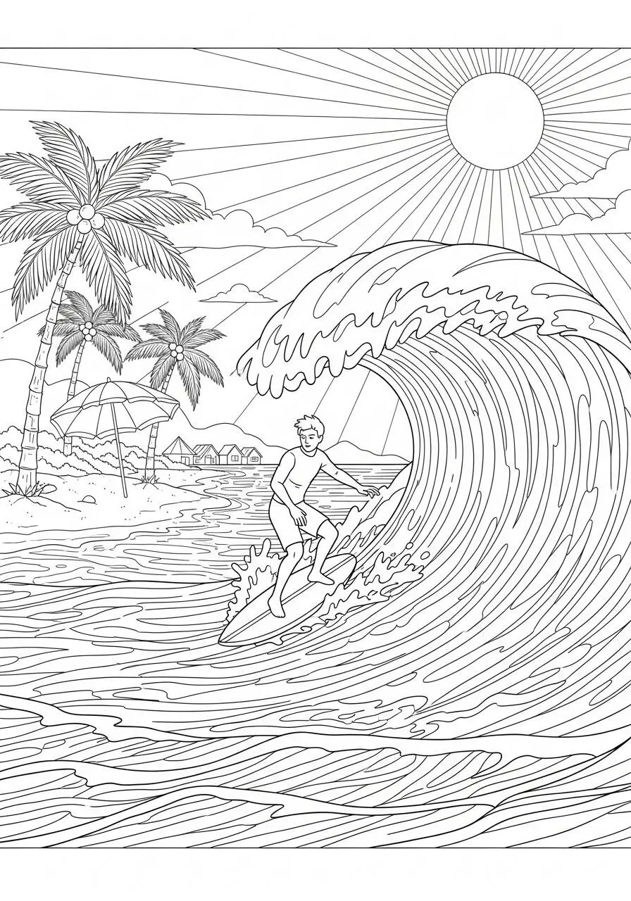 Dessin d'été avec surfeur et vagues à colorier