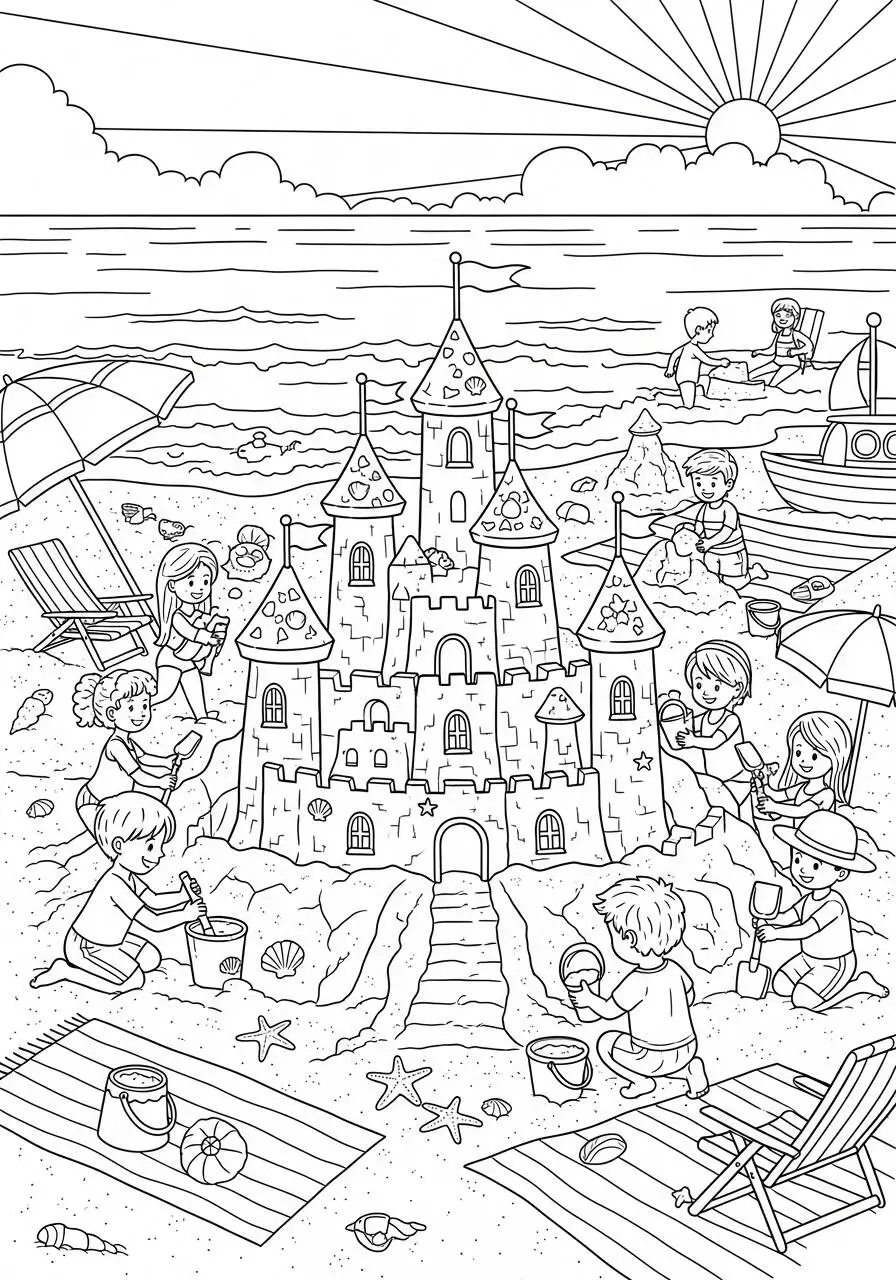 Dessin d'été avec des enfants construisant un château de sable à colorier