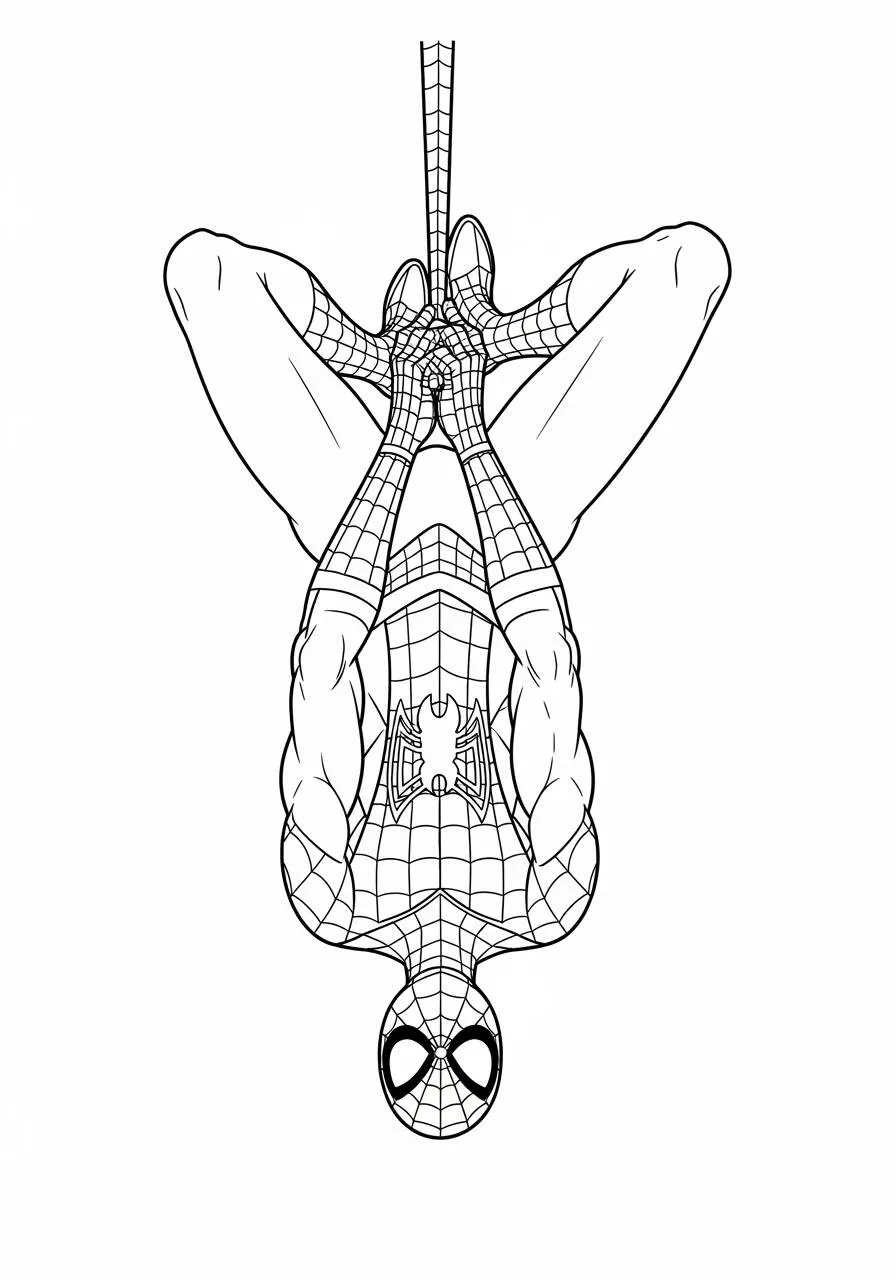 Desenho de Homem Aranha Pendurado na Teia para Colorir