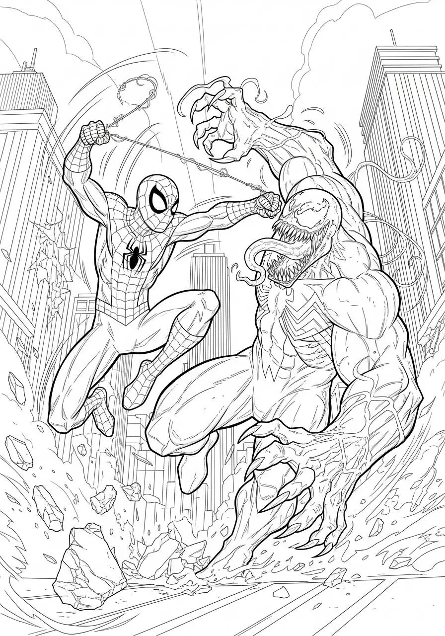Desenho de Homem Aranha lutando contra o Venom para Colorir