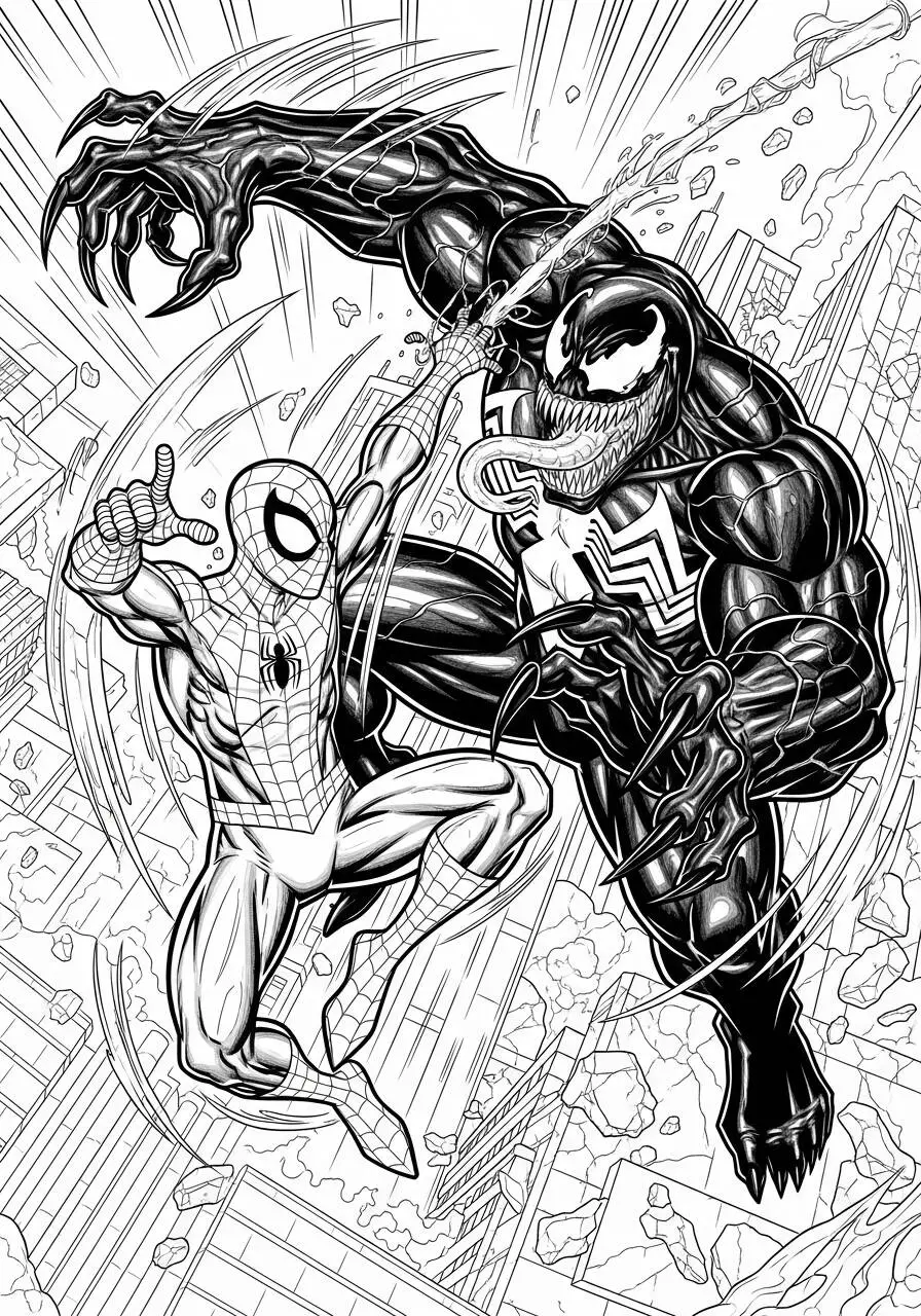 Desenho de Homem Aranha lutando com o Venom para Colorir