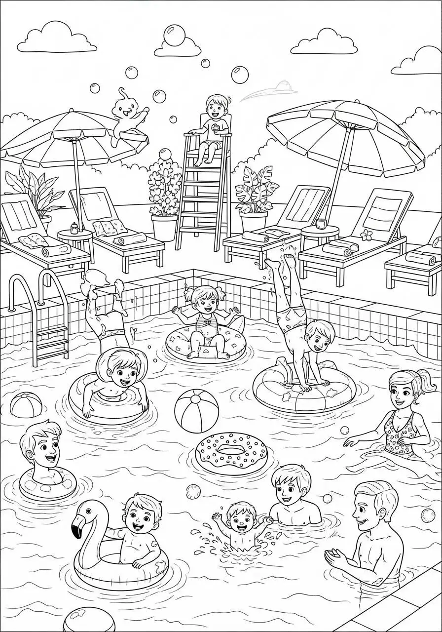 Coloriage d'été avec des enfants s'amusant dans la piscine