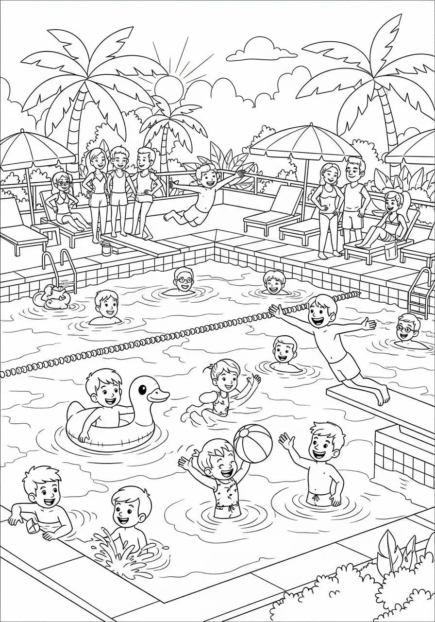 Coloriage d'été avec des enfants s'amusant dans la piscine