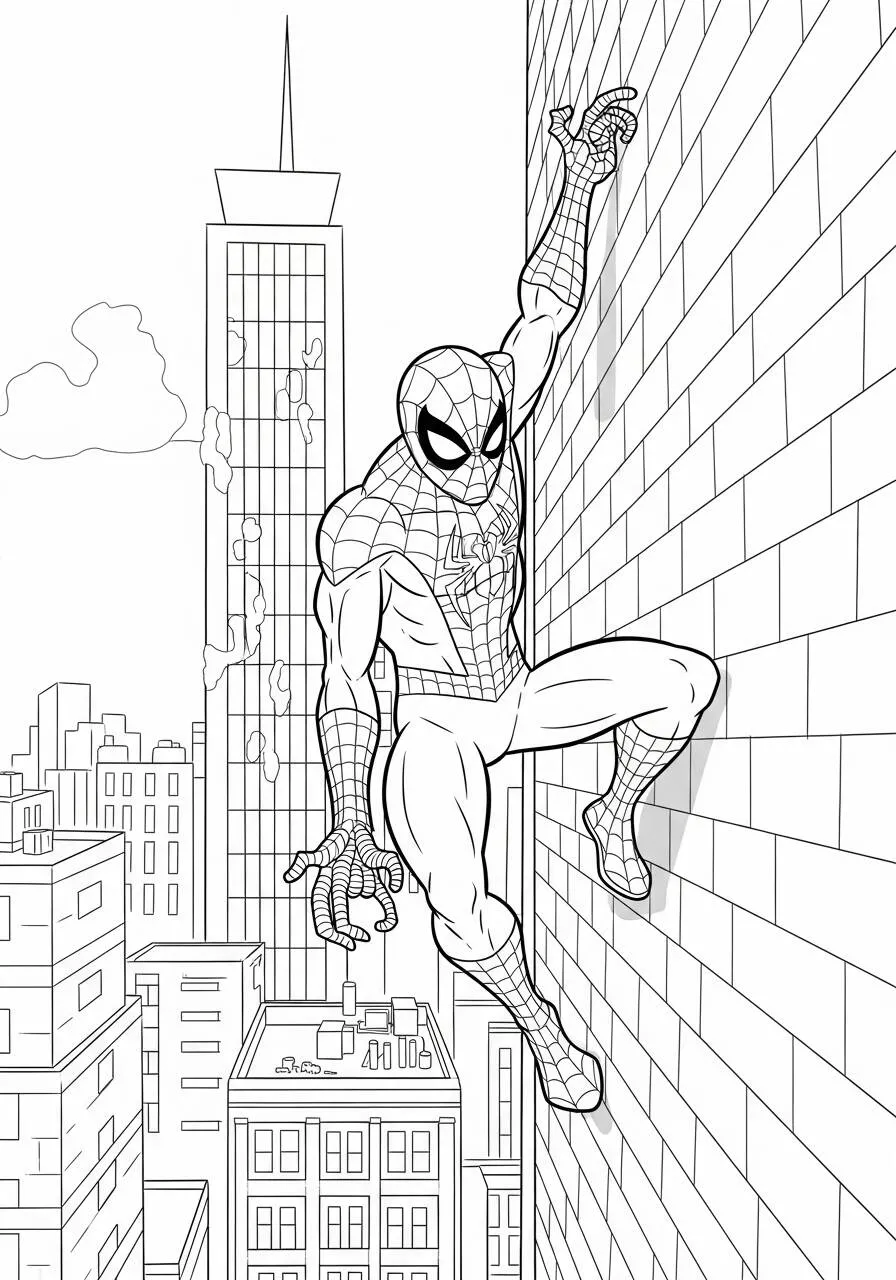 Desenho de Homem Aranha Escalando um Prédio para Colorir