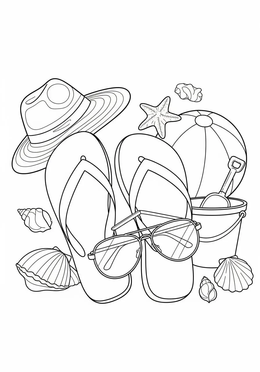 Coloriage d'été avec tongs, lunettes de soleil et plage