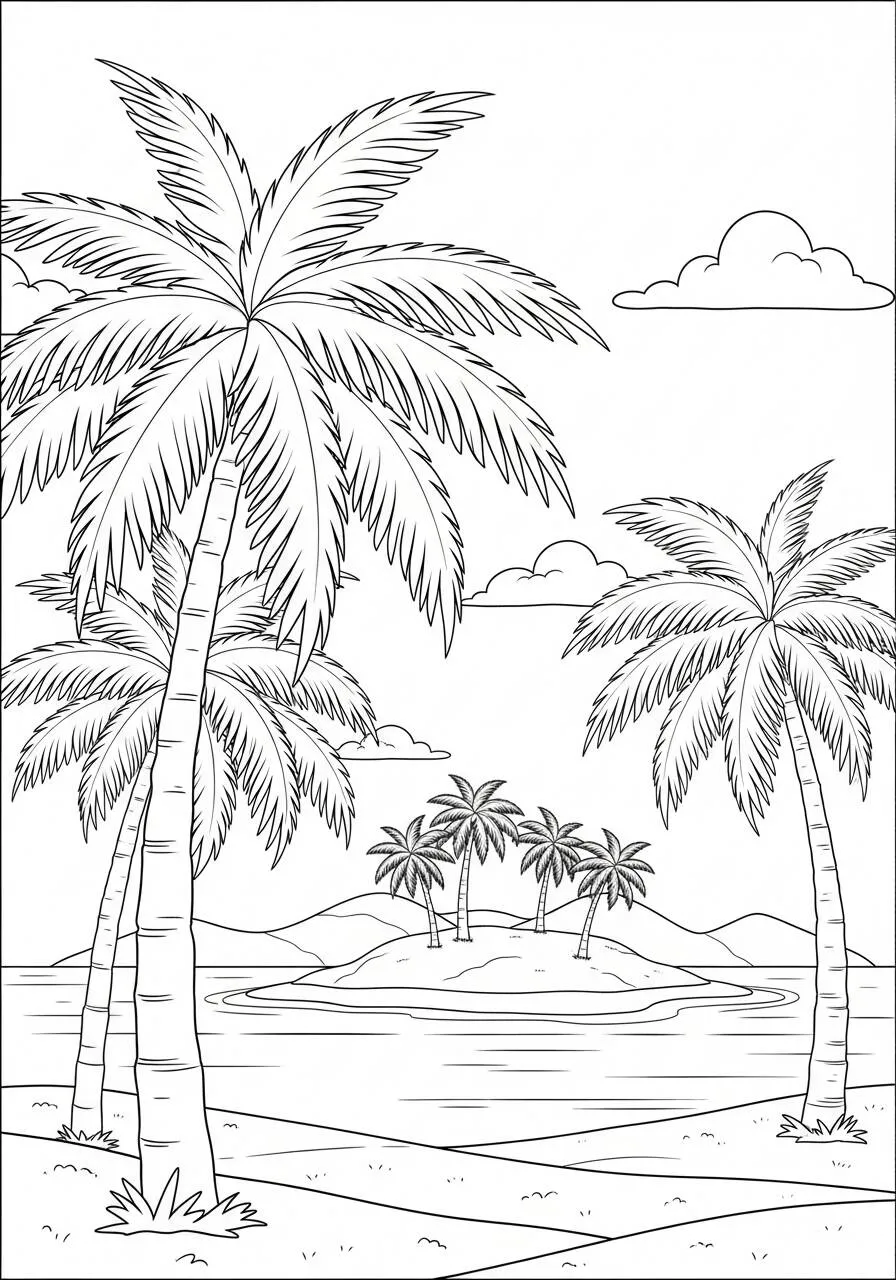 Coloriage d'été avec palmiers et plage