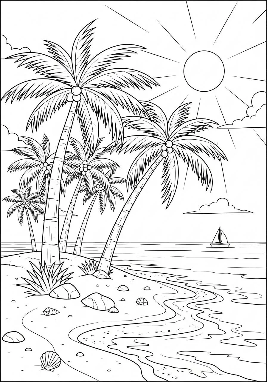 Coloriage d'été avec palmiers et plage