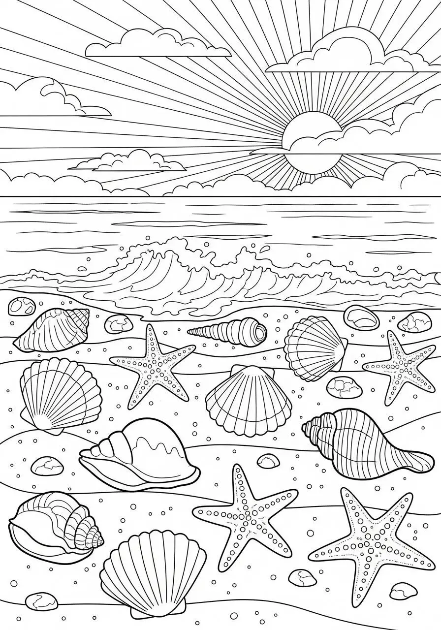 Dessin d'été avec plage, coquillages et étoiles de mer à colorier