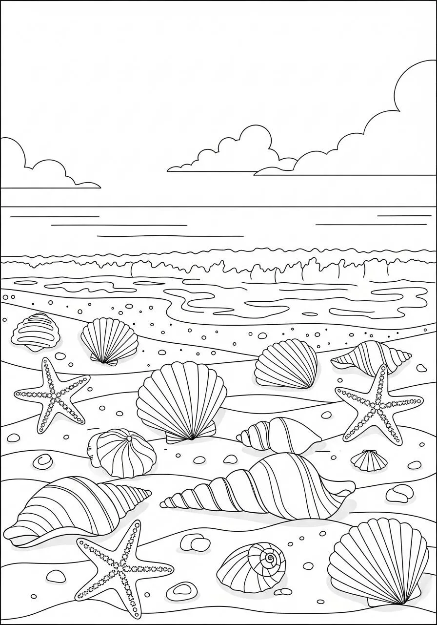 Coloriage d'été avec des coquillages et des étoiles de mer