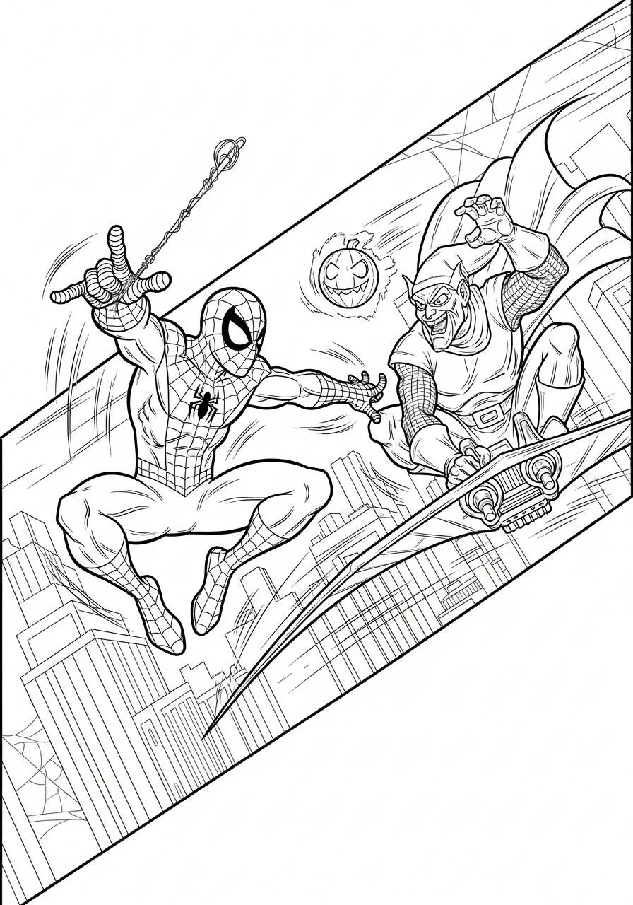 Desenho de Homem Aranha lutando contra o Duende Verde para Colorir