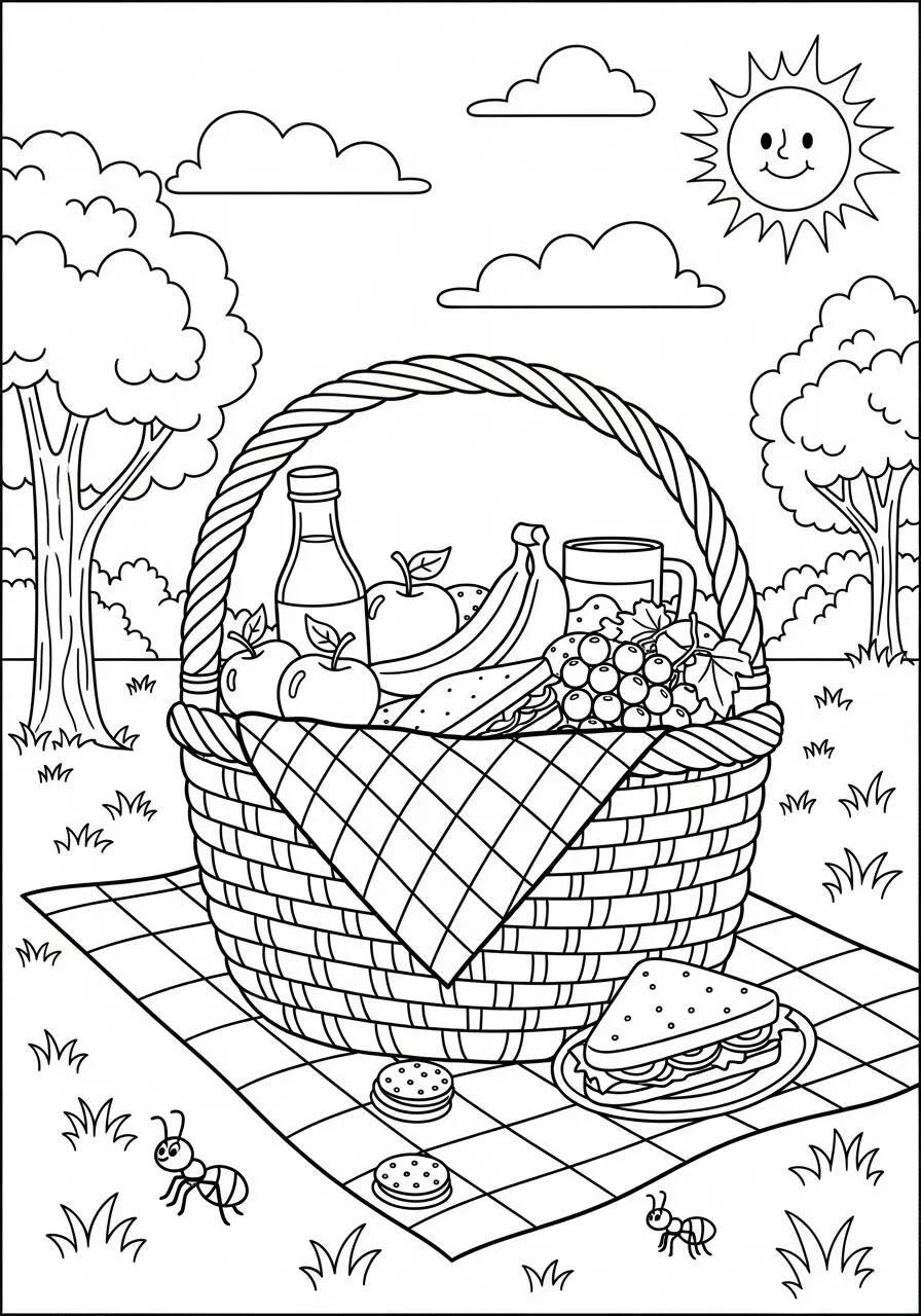 Coloriage d'été avec panier de pique-nique