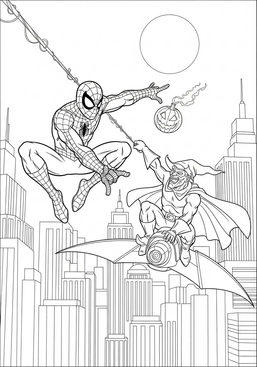Desenho de Homem Aranha lutando contra o Duende Verde para Colorir