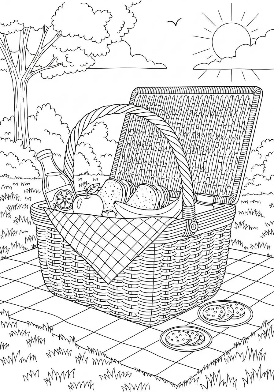 Coloriage d'été avec panier de pique-nique