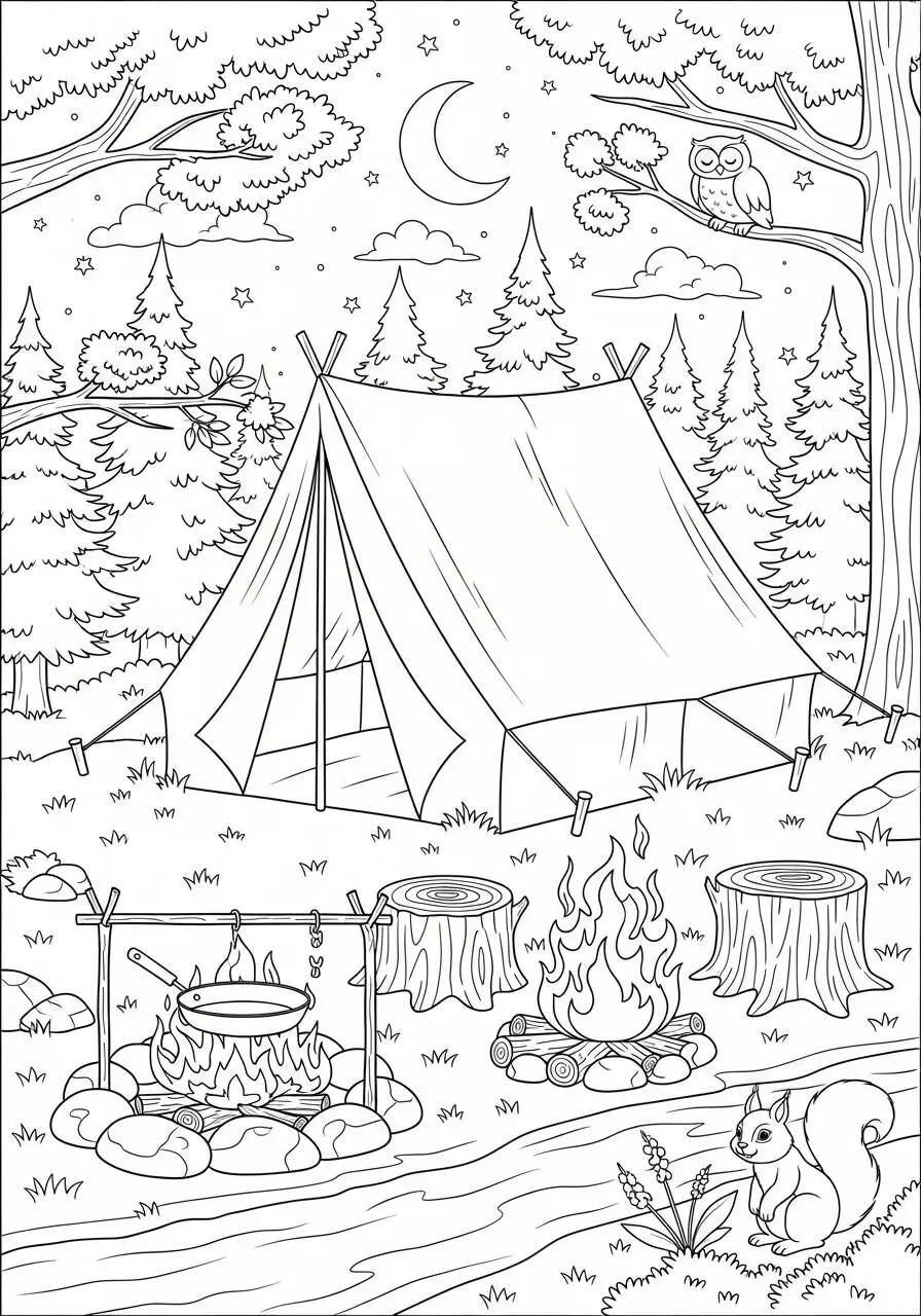 Coloriage d'été avec camping et nature