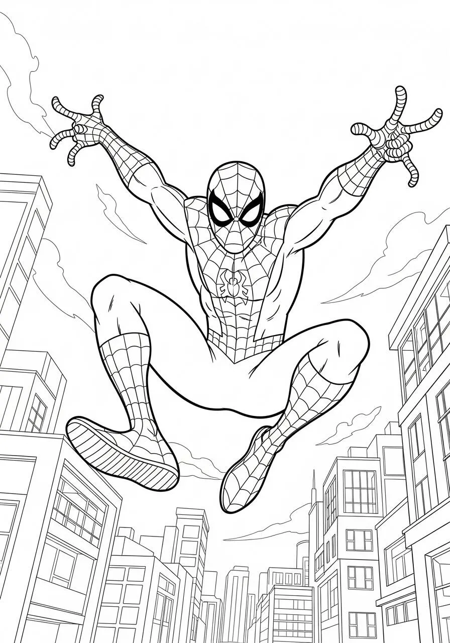 Desenho de Homem Aranha Saltando entre Edifícios para Colorir