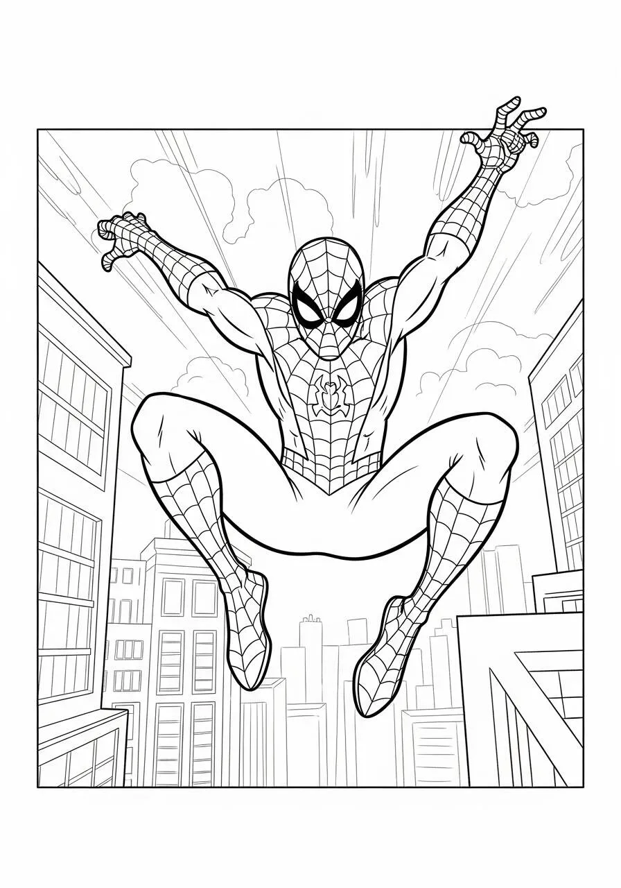 Desenho de Homem Aranha Saltando entre Edifícios para Colorir