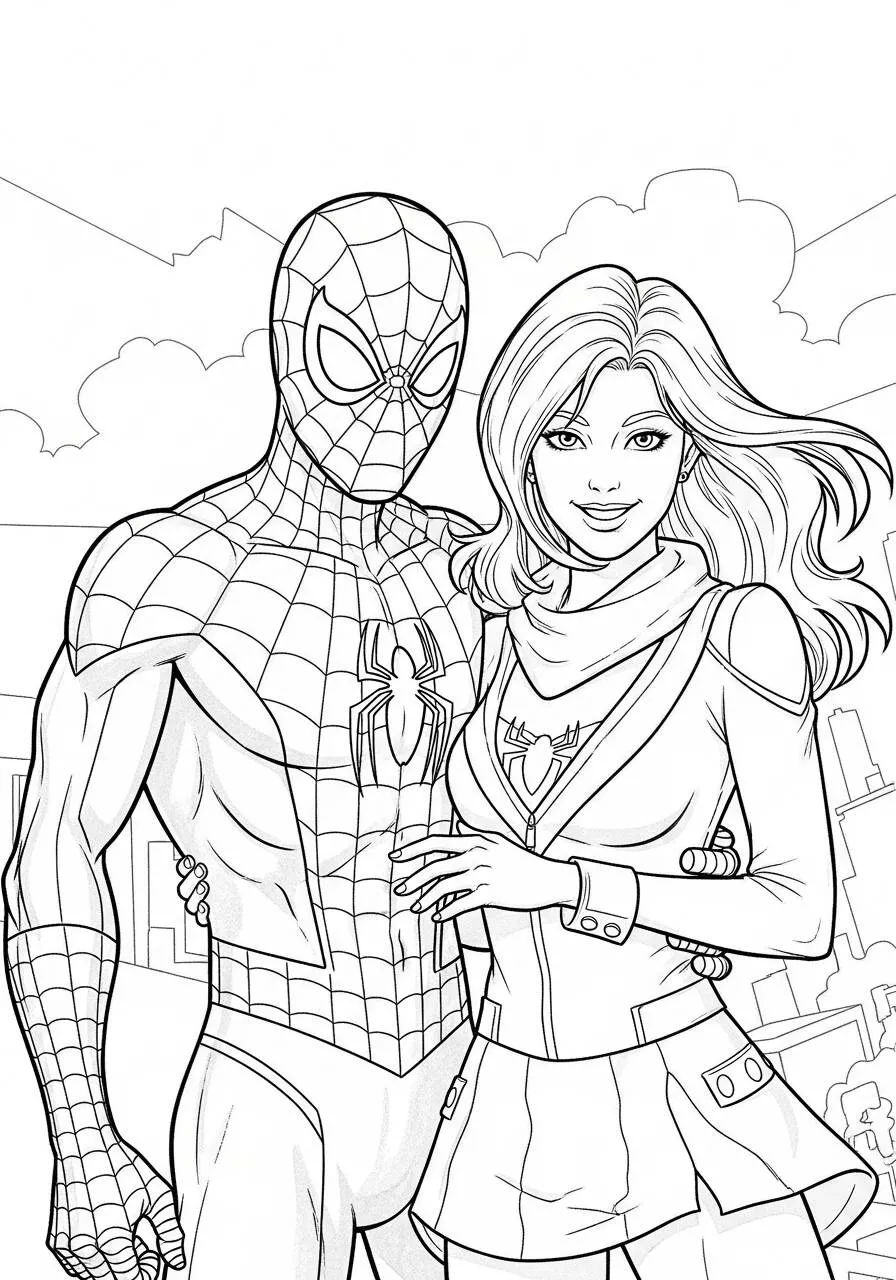 Desenho de Homem Aranha com Mary Jane para Colorir